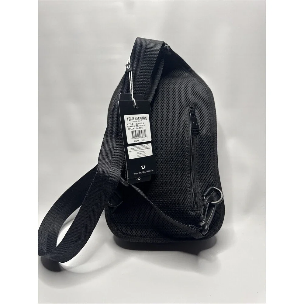 TRUE RELIGION Ivan Black Sling Bag Canvas Faux Leather Luxury BRAND-NEW w/tags